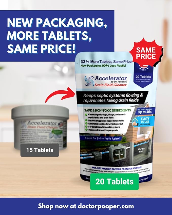 Drain Field Cleaner Tablets by Dr Pooper. Clears Septic Tanks and Drain Fields of Tough Clogs, Scum, Sludge AND Eliminates Odors FAST - Aerobic & Anaerobic Systems - Easy to Use, Just Flush.