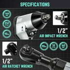 DNA MOTORING 17 Pcs Air Tool Kit 1/2-Inch Pneumatic Air Impact & Ratchet Wrench Kit Torque Wrench for Repairs, w/Case, Sliver/Black, TOOLS-00530