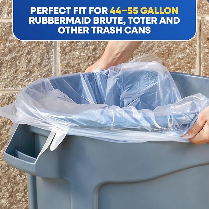 55 Gallon Trash Bags Large Clear Garbage Bags for Rubbermaid Brute 44-55 Gallon Trash Cans 38 x 58 Recycling Trash Can Liners 1.2 Mil, Pack of 100