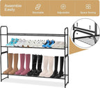 KEETDY 2-Tier Long Shoe Rack for Closet Metal Shoe Organizer for Entryway, Wide Stackable Shoe Storage Shelf with Sturdy Wire Grid for Closet Floor, Bedroom, Black