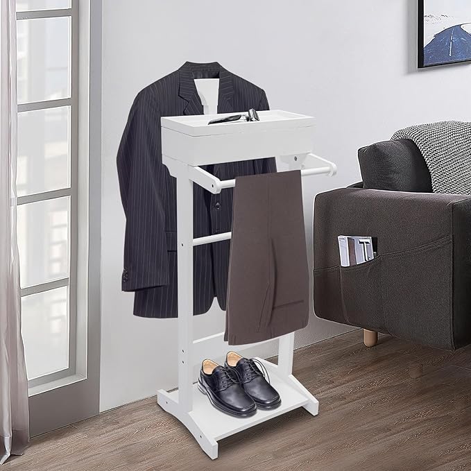 Clothing Rack, Wood Suit Clothes Stand with Drawer, Practical Freestanding Clothes Stand with Top Tray for Men, Women, Organizes Ties, Belts, Shoes, 22Ibs Capacity, Modern White