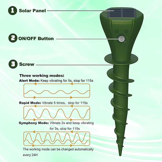 6 Packs Solar Mole Repellers, Gopher Deterrent Device with Vibrating Motor & Spiral Drill Ground Stake, IP65 Waterproof Lawn Garden Yard Pest Repellents Driving Away Vole Groundhog Snakes