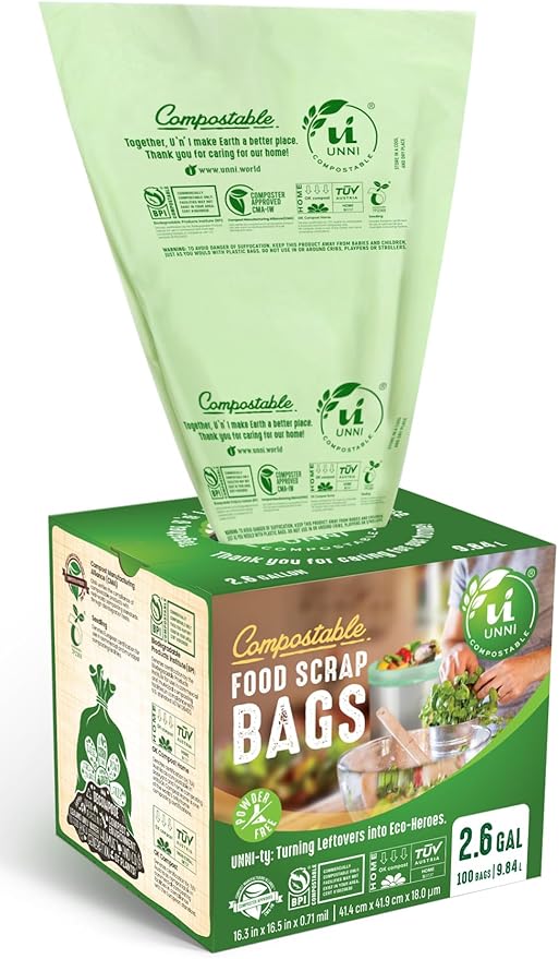 UNNI Compostable Trash Bags, 2.6 Gallon / 9.84 Liter, 200 Count, Extra Thick 0.71 Mil Small Kitchen Food Scrap Bin Liners, Certified by BPI, CMA & OK compost HOME, Meets the ASTM D6400 Standard