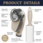 Farberware Fabric Shaver & Lint Remover Set–Battery Operated Sweater Shaver with Triple Blades and Extra Sticky Roller for Pet Hair, Fuzz & Pilling on Clothes, Upholstery & Bedding (Beige, Large)