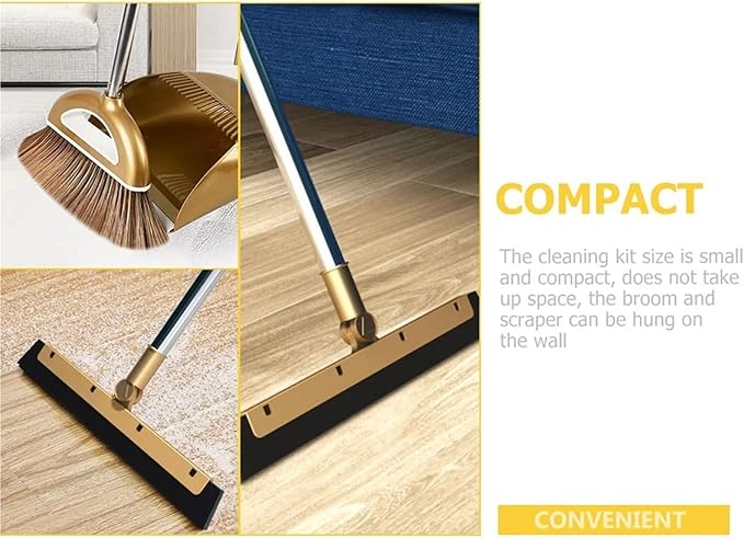 Gold Broom Dustpan Set Folding Dustpan Long Handle Rubber Wiper Space-Saving Floor Cleaner Kit Household Cleaning Accessory for Cleaning(Gold-3pcs)
