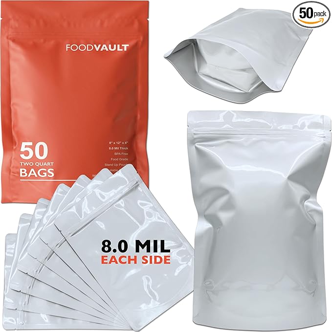 2 Quart Mylar Bags, Heavy Duty, Stand-Up Vacuum Seal Bag for Long-Term Food Storage, Dehydrated Meals [50-Pack | 8" x 12" x 4"]
