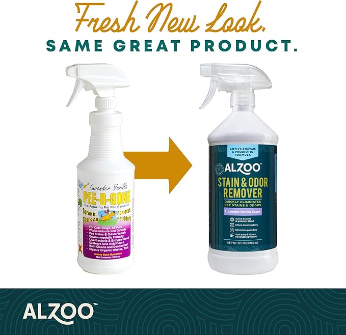 ALZOO Stain & Odor Remover, Quickly Lifts & Dissolves Pet Stains & Helps Eliminate Odors, 100% Plant-Based Active Ingredients, Lavender Vanilla Scent, 32 Fl. Oz Spray Bottle