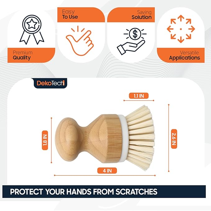 Dekotech Premium Bamboo Dish Scrub Brush Eco-Friendly & Heavy-Duty Kitchen Cleaning Tool with Durable Natural Bristles, Ergonomic Wooden Handle for Effortless Dishwashing & Surface Scrubbing