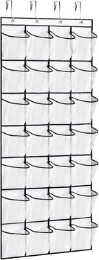 VOPTON 28Large Pockets Over The Door Shoe Organizer, Hanging Shoe Organizer for Closet, Premium Clear Shoe Rack for Door, Shoes Hanger Organizers Storage Holder for Back of Door and 4Metal Hook White