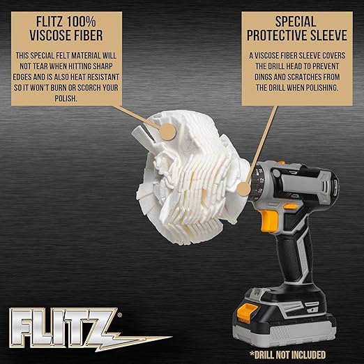 Flitz Buff Ball w/ 1.76oz Metal Polish Paste - 5in Drill Buffer Polisher Attachment for Any 3/8in Drill - Self-Cooling, Washable Polishing Ball to Buff, Shine, & Protect All Metals, Plastics (1 Pack)