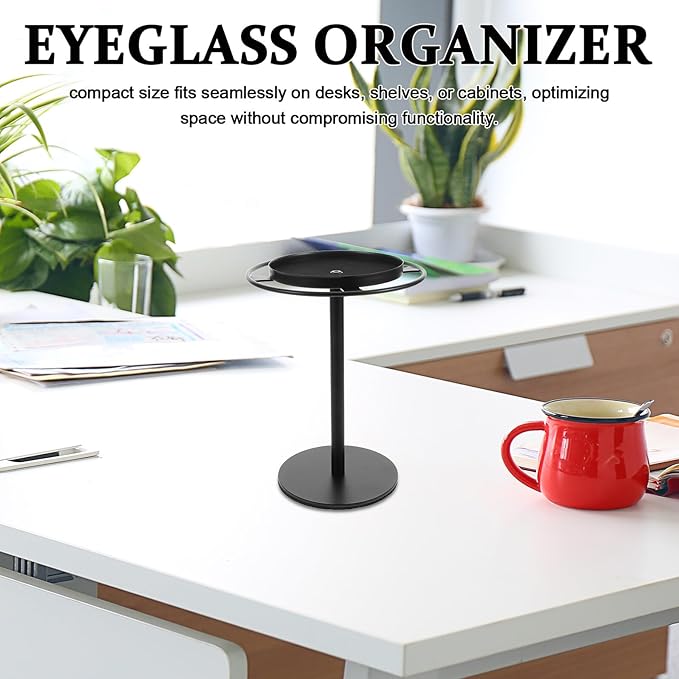 Metal Eyeglass Organizer with Storage Tray, Small Desktop Glasses Holder Stand for Sunglasses Display Rack, Black Metal Eyewear Storage Shelf for Home and Office