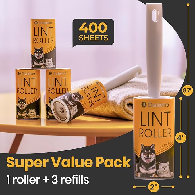 DELOMO Pet Lint Roller for Clothes – Lint Rollers for Pet Hair Extra Sticky, Mega Value Set of 400 Sheets (1 Roller + 3 Refills), Dog Cat Hair Remover for Couch, Furniture, Keep Your Home Tidy