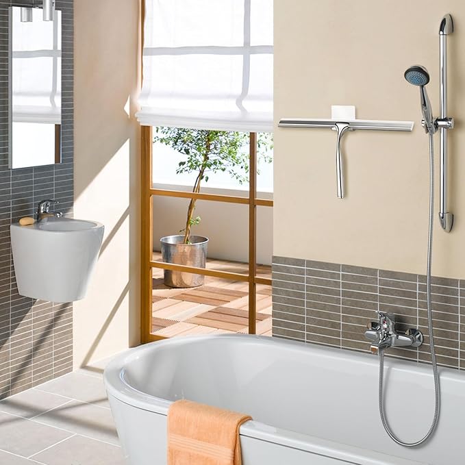 Shower Squeegees Stainless Steel with Self Adhesive Hook Window Squeegees for Shower Doors Bathroom Mirror Wiper, Window Glass Cleaning