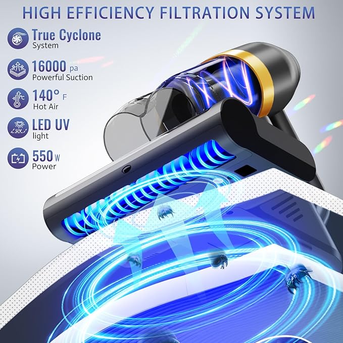 Mattress Vacuum Cleaner, Bed Vacuum Cleaner with UV & Ultrasonic, 16Kpa Suction Handheld Bed Vacuums with High Heating Tech, Effectively Clean Up Bed, Pillows, Sofas, Carpets, 550W