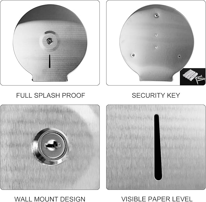 Toilet Paper Dispenser, Stainless Steel Wall Mount Toilet Paper Dispenser Holder Fits Any 9" Tissue Rolls Bath Tissue Holder Offices Homes Mounts Quickly 2 Keys & Lock, Comes with Papers