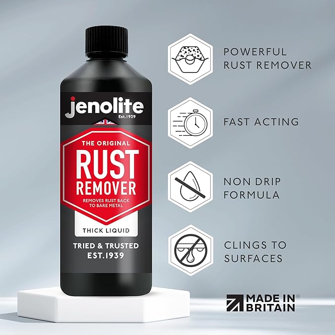 JENOLITE Rust Remover for Metal 17oz (500 ml). Fast‑Acting No‑Drip Thick Liquid Removes Rust to Bare Metal, Industrial Strength. Made in Britain
