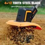Upgraded Cordless Tiller for Gardening with Dual 2.0Ah Batteries, 48 Steel Tines Battery Rototiller, 9" Width 6.6" Depth Garden Tiller Cultivator for Soil, Tending & Composting (Orange)