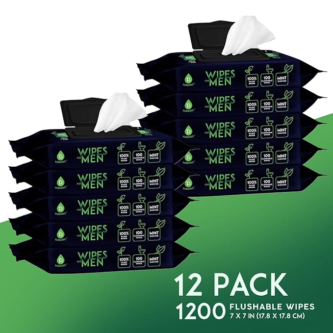Pursonic Soft Mint Scented Flushable Wipes for Men - 12 Pack (1200) Plant Based Face and Body Wipes with Aloe Vera & Vitamin E - Extra Large Wipes for Gentle & Thorough Cleansing