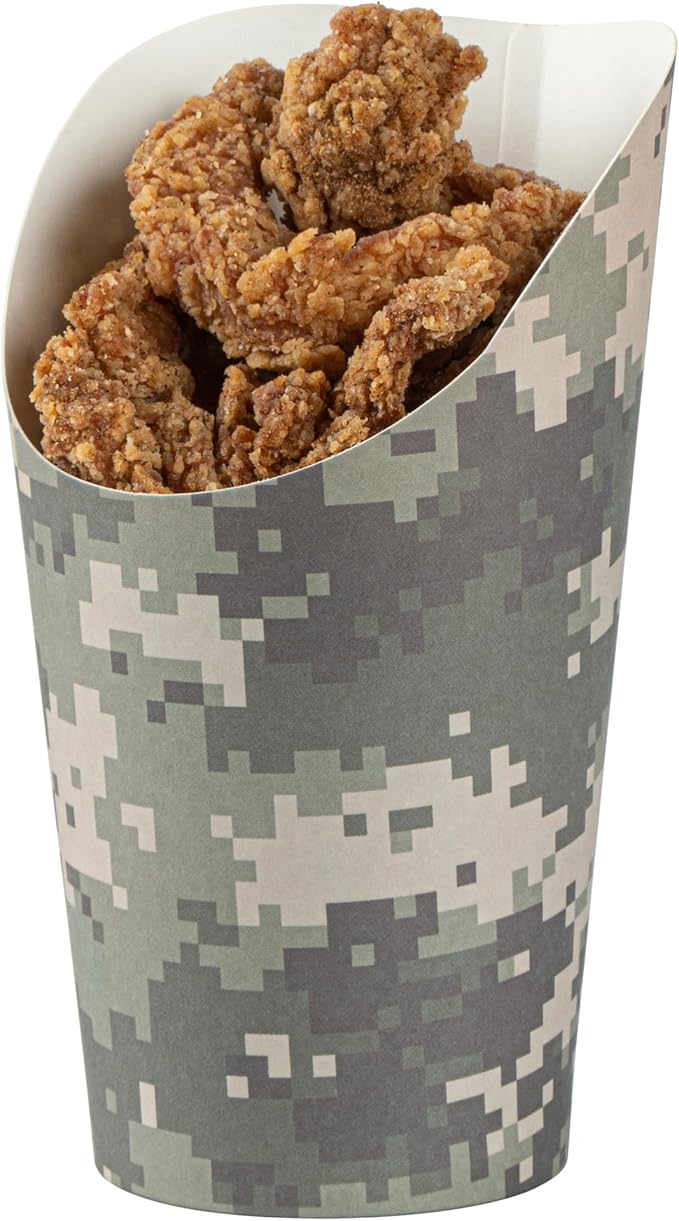 Restaurantware Bio Tek 16 Ounce French Fry Containers, 100 Disposable Charcuterie Cups - Incline Design, Round, Camouflage Paper French Fry Cups, Stackable, For Waffles, Chips, or Popcorn