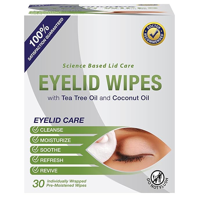 Lunovus Premium Eyelid Wipes With Tea Tree and Coconut Oil - Cleansing Wipes for People Itchy Eyes - Individually Wrapped - Box Of 30 Natural Eye Wipes
