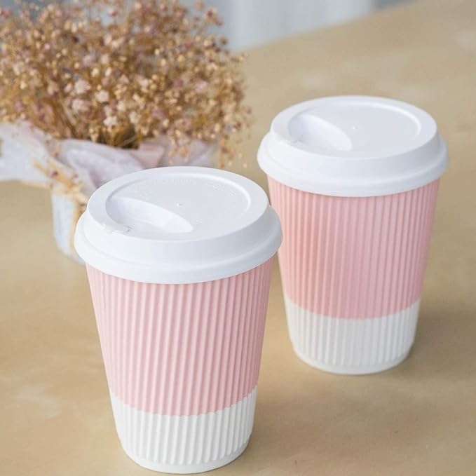 Disposable Coffee Cups With Lids - (80 set) 12 oz Paper To Go Coffee Cups With Resealable Lids Prevent Leaks! Travel Insulated Hot Beverage Drink Cup. Will Not Bend With Heat or Burn Fingers