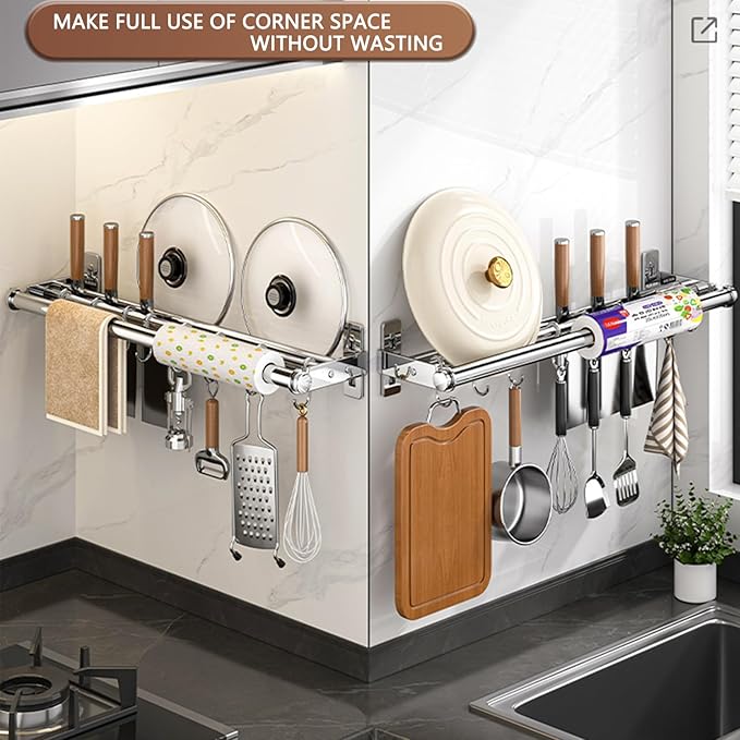 Hanging Wall Mount knife Wall Mount, Kitchen Organizer Storage Shelf for Utensils Spatula Spoon, Space-Saving Knife Rack with Hooks,Wall-Mounted Utensil Holder (Grey, 60CM+Single Pole+10Hooks)