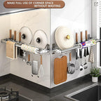 Hanging Wall Mount knife Wall Mount, Kitchen Organizer Storage Shelf for Utensils Spatula Spoon, Space-Saving Knife Rack with Hooks,Wall-Mounted Utensil Holder (Grey, 40CM+Three Poles+6Hooks)