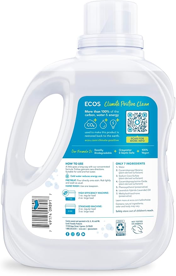 ECOS Laundry Detergent Liquid, 100 Loads - Dermatologist Tested Laundry Soap - Hypoallergenic, EPA Safer Choice Certified, Plant-Powered - Lemongrass, 100 Fl Oz