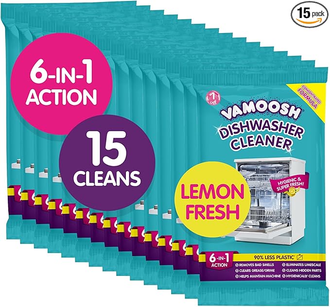 Vamoosh 6-in-1 Dishwasher Cleaner | Natural Citric Acid Cleaning Formula | Limescale Removal | Grease Elimination | Eco-Friendly | Made in the UK | 50g (Pack of 15)