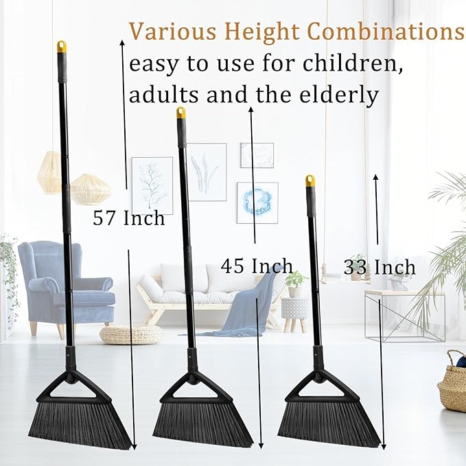 2PCS Heavy Duty Broom, Broom for Sweeeping Indoor and Outdoor, Angle Broom with Long Pole, Outdoor Broom for Courtyard/Garages/Slidewalk, Indoor Broom for Kitchen Lobby Canteen Black