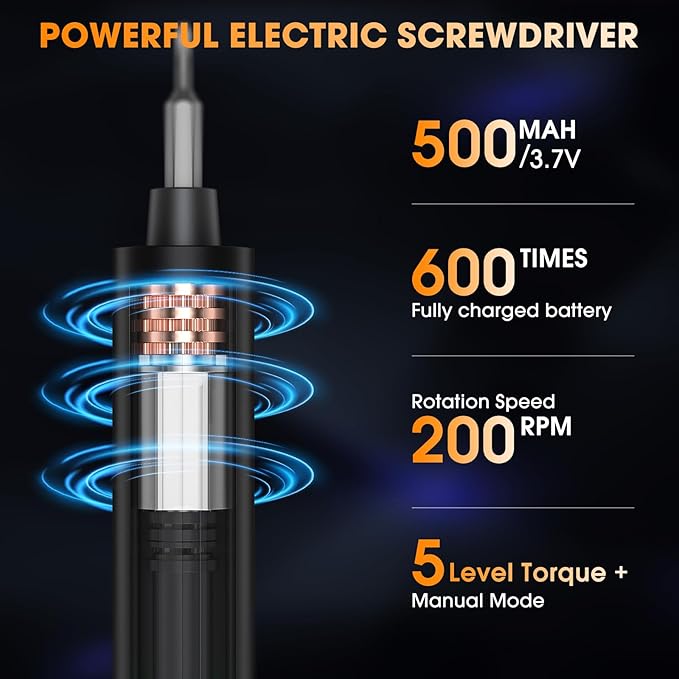 3.7V Mini Electric Screwdriver,Cordless Precision Screwdriver Set,50 in1 Magnetic Bits,Small Repair Tool Kit with Magnetic Storage,5 Torque, LED Display for Electronics Computer,Phone,Glasses,Watch