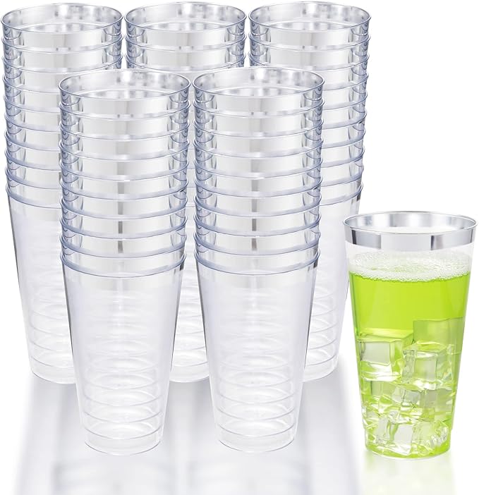 LIYH 100 Pcs 16 oz Silver Plastic Cups - Clear Plastic Tumblers with Silver Rim Big Size Fancy Disposable Clear Cups for Party & Wedding