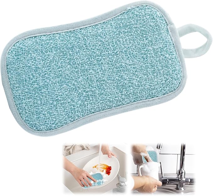 10 Pack Reusable Double-Side Microfiber Kitchen sponges,Scrubber Sponge Scouring Pads Dish Sponge Kitchen Cleaning Dishes and Pots (Blue)