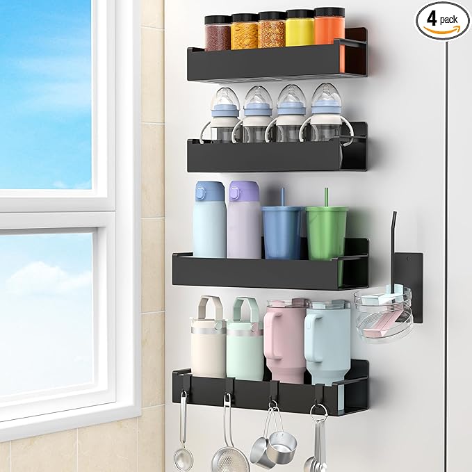 Magnetic Water Bottle Holder for Refrigerator, Cup Holder Organizer for Stanley and Tumbler for Kitchen, 4 Pack, Black