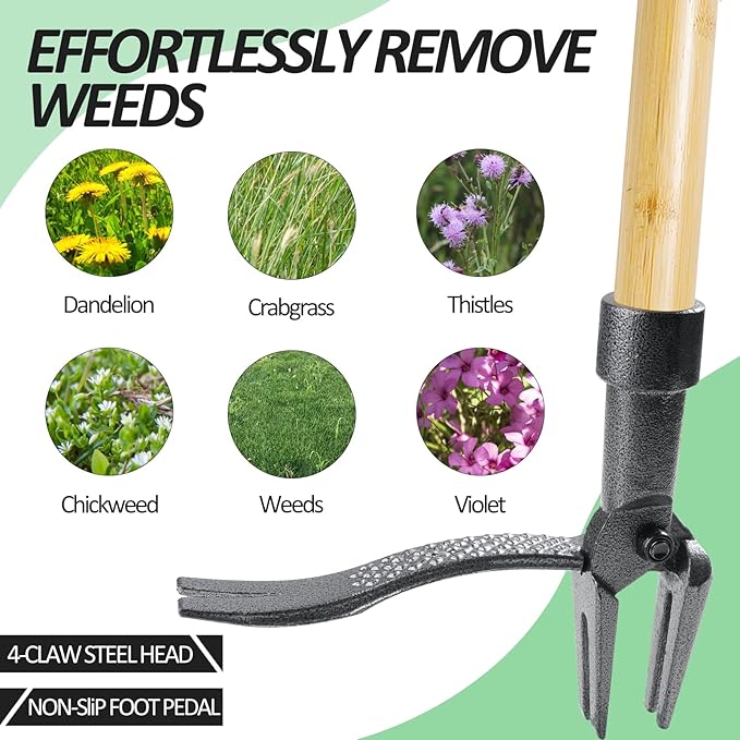 Weeder - Stand Up Weed Puller Tool Made with Long Handle - Real Bamboo & 4-Claw Steel Head, Weeding Tool Weed Remove Tool for Lawn/Yard