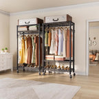 Heavy Duty Clothes Rack Rolling Garment Rack,3 Tier Adjustable Wire Shelving Clothing Racks for Hanging Clothes with Hanger Rod&Side Hooks,Freestanding Wardrobe Storage Rack Metal Portable Closet
