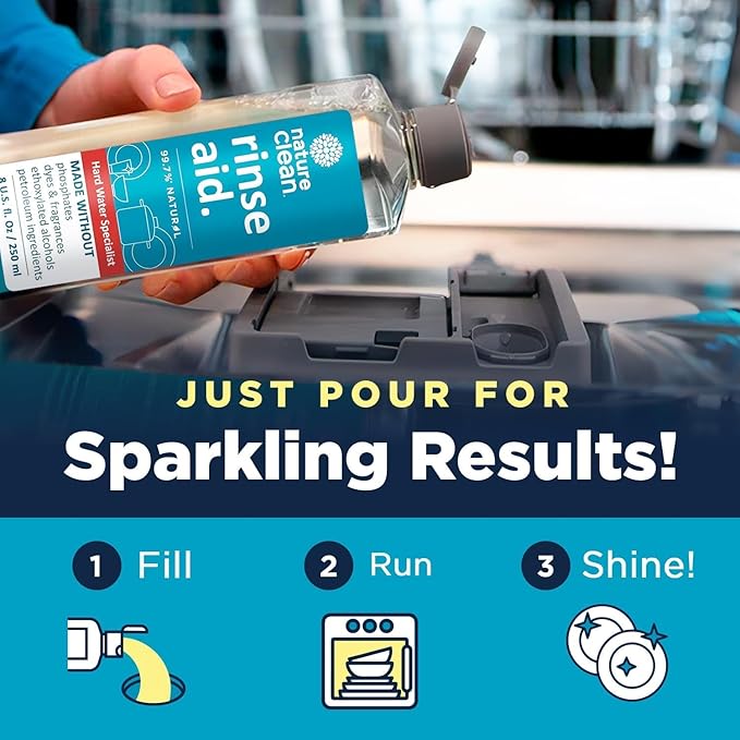 Nature Clean Dishwasher Rinse Aid Liquid, Non Toxic Natural Formula, Spot Free Shine for Glasses & Dishes, Hard Water Stain Remover, Dishwasher Drying Agent, 8 oz/250 ml Pack of 3