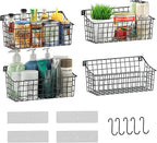 Sonyabecca 4 Pack Hanging Wall Basket for Organizing, Large Wire Basket for Storage Pantry with 5 S Hook+4 Adhesive Hook, Wall Mounted Shelf for Kitchen Bathroom