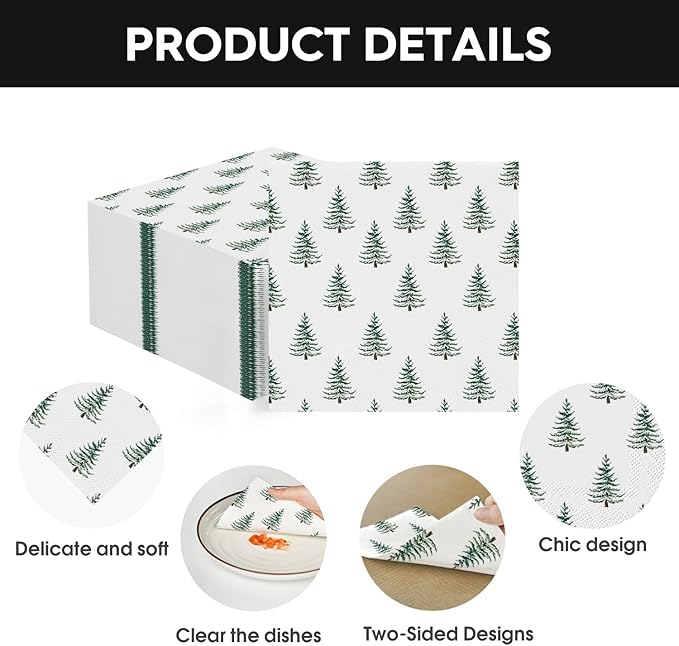 Horaldaily Christmas 100PC Cocktail Napkins, 5x5 Inches Christmas Tree Paper Napkins for Party Anniversary Lunch Dinner