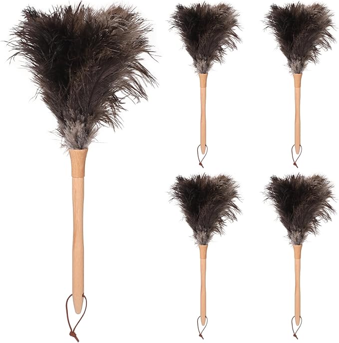 5 Pcs Bird Feather Dusters, Fluffy Feathers with Wooden Handle, Washable & Reusable Cleaning Supplies, Natural Non-Static Dusting for Home, Office, Car, 17.3" Long