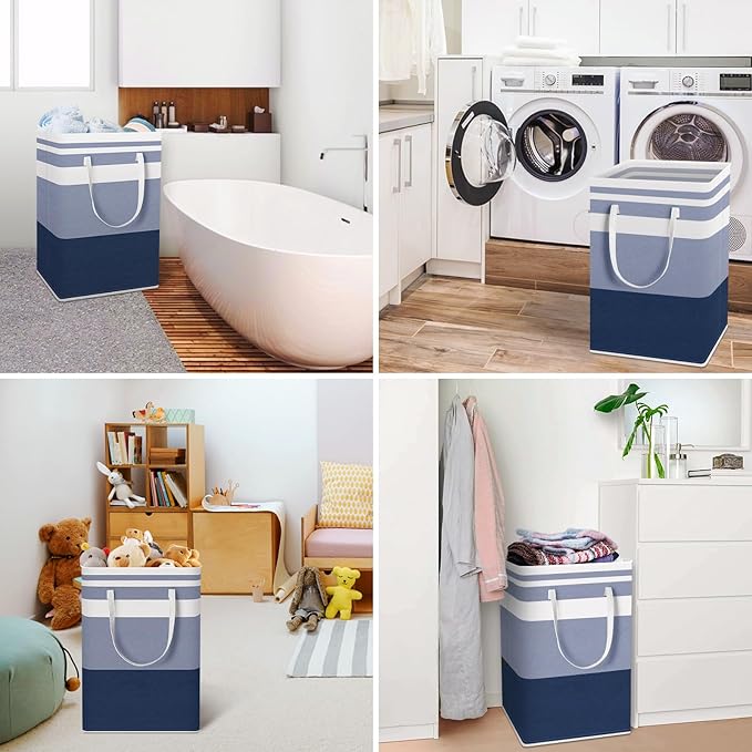 HomeHacks 2-Pack Large Laundry Basket, Waterproof, Freestanding Laundry Hamper, Collapsible Tall Clothes Hamper with Extended Handles for Clothes Toys in the Dorm and Family (Blue, 75L)