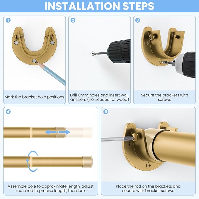 Closet Rods for Hanging Clothes, 17 to 28 Inch Heavy Duty Stepless Adjustable Closet Hanging Rod, 1.3 Inch Diameter Metal Closet Rod for Wardrobes Laundry Bedroom RV, Gold