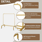 JIUYOTREE Metal Clothing Rack with Wheels 43.3 Inches Rolling Clothes Garment Coat Rack with Bottom Shelf Clothing Rack for Hanging Clothes Coats Skirts Shirts Sweaters Gold