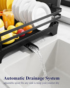 Kitsure Dish Drying Rack - Multi-Functional Dish Rack for Kitchen Counter with Cutlery Holder, Rust-Proof Storage Solution with Rotatable, 15.7" x 12.0" x 5.5", Black
