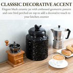 MyGift 6 Inch Round Black Ceramic Cookie Jar with Airtight Lid and Bird Shape Top Handle, Vintage Style Kitchen Canister with Embossed Geometric Star Pattern