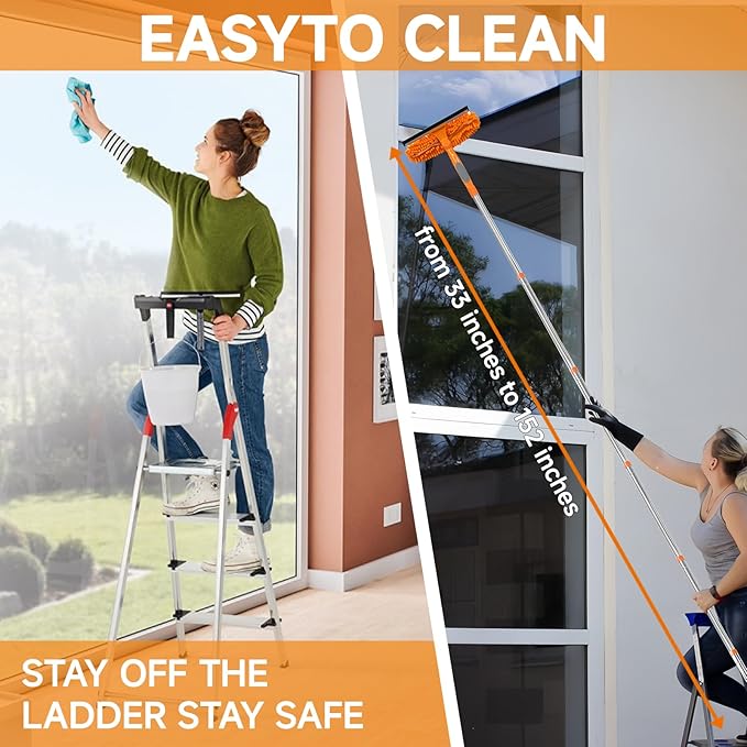 152" Squeegee Window Cleaner 2 in 1 Rotatable Window Cleaning Tool Kit with Extension Pole, Window Washing Equipment with Bendable Head for Indoor/Outdoor Window and Car Glass