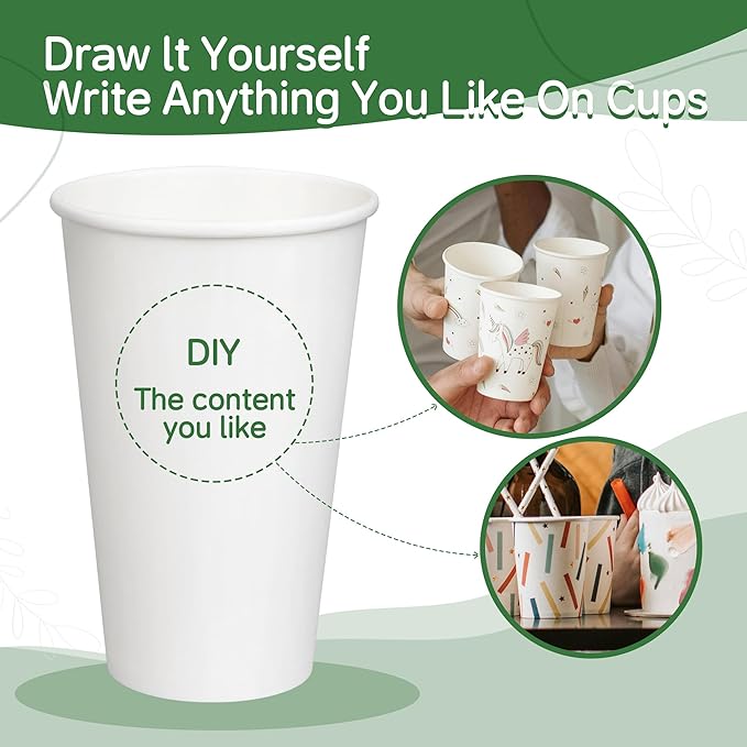 16 oz 500 Pack White Disposable Paper Coffee Cups, Hot/Cold Drink Cups, Bulk Plain Coffee Cups