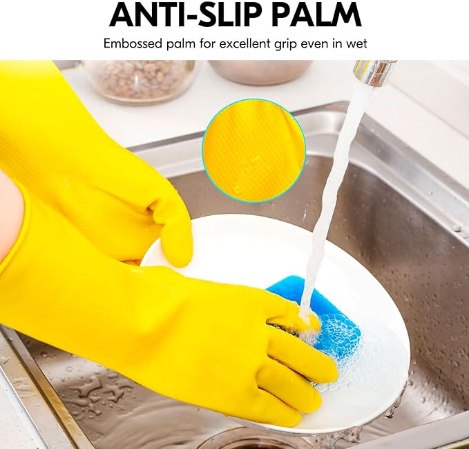Vgo... 2-Pairs Reusable Household Gloves, Rubber Dishwashing gloves, Extra Thickness, Long Sleeves, Kitchen Cleaning, Working, Painting, Gardening, Pet Care (Size XL, Yellow, HH4601)