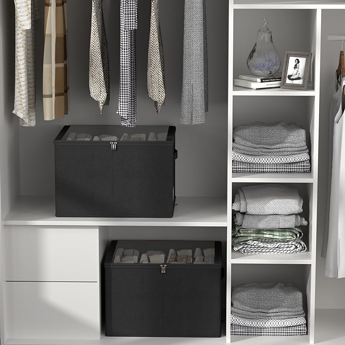 Shoe Organizer for Closet, 2 Pack Sturdy Shoe Storage Bins with Clear Cover, Fits 16-32 Pairs, Foldable Shoe Storage Box with Reinforced Handles (Black, 19.7 * 15.7 * 12.6in)