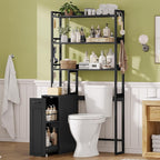 UPOSOJA Over The Toilet Storage Cabinet with Pulley, Bathroom Organizer W/6 Hooks for Restroom, Laundry, Plant Stand (Black)